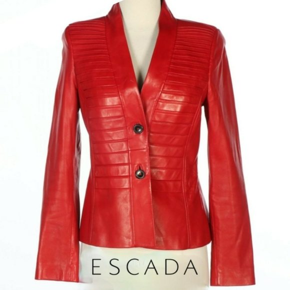 EUC ESCADA Red Leather Blazer Jacket, Size Small - Picture 7 of 7